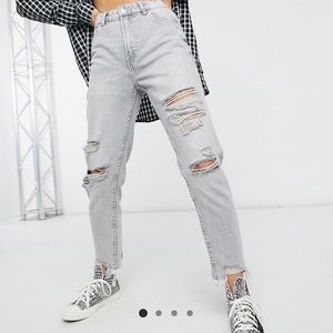 Bershka organic cotton mom jeans with rips and distressed hem in gray,Size 6